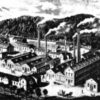 Hirtenberger Patronenfabrik um 1895. Zeichnung von Fabrikhallen mit Schornsteinen