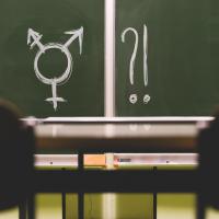 Eine Schultafel mit einem genderqueer-Symbol. Foto: Stephanie Gmeiner