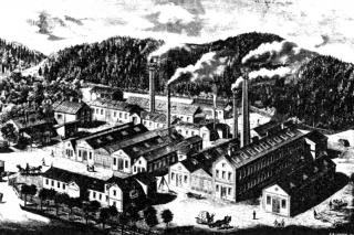 Hirtenberger Patronenfabrik um 1895. Zeichnung von Fabrikhallen mit Schornsteinen