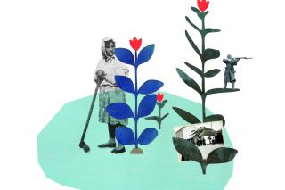 Collage: Schwarzweißbilder von jüdischen Kommunistinnen und Zeichnungen von Blumen