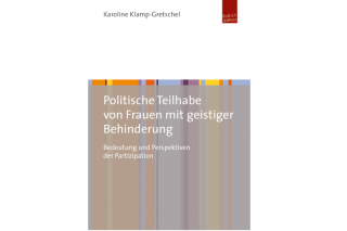 Buchcover des Buches "Politische Teilhabe von Frauen mit geistiger Behinderung" von Karoline Klamp-Gretschel. Das Buch ist oben weiß und hat unten bunte Steifen.  