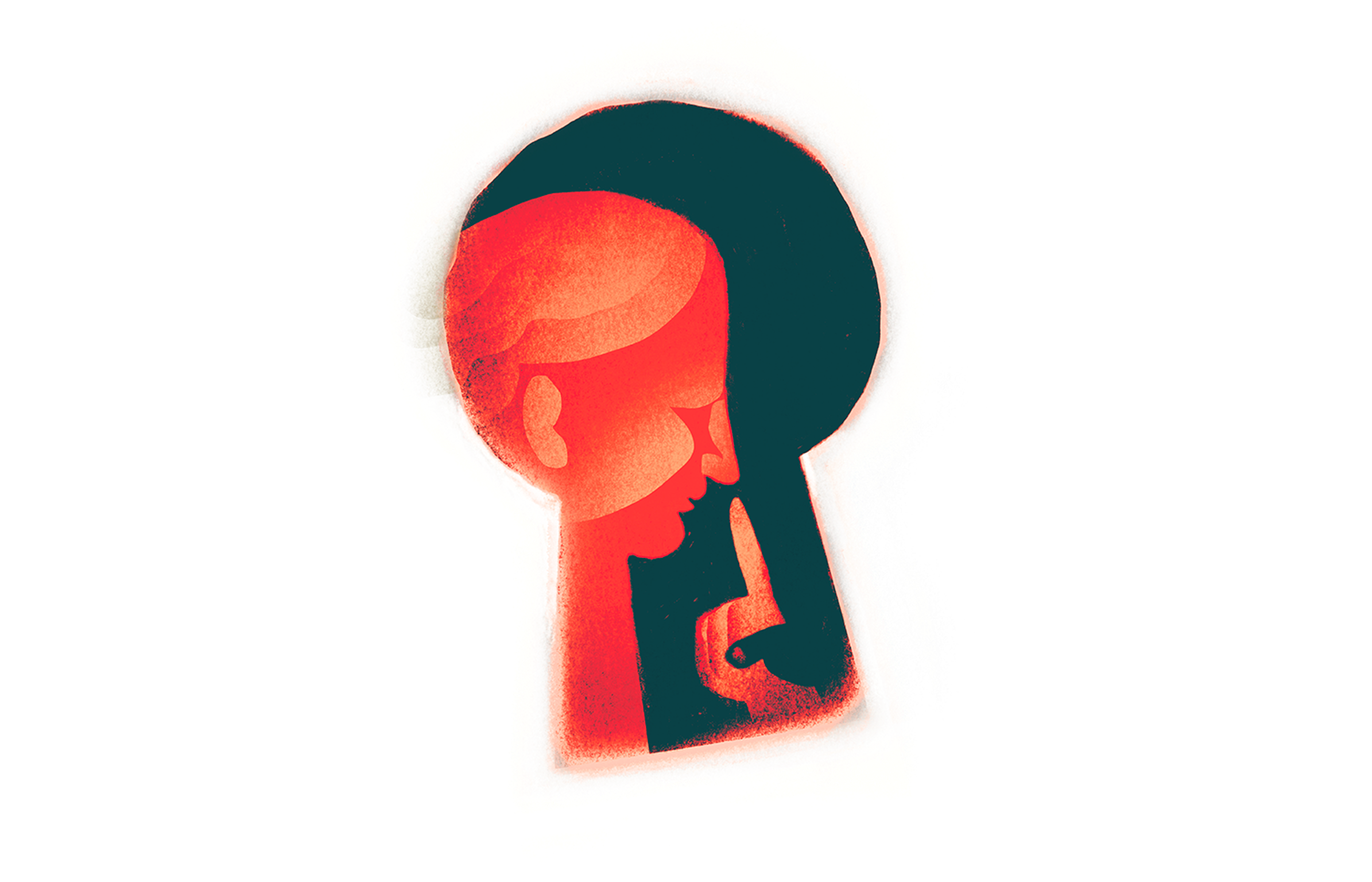 Hinter einem Schlüsselloch erkennt man eine Frauengestalt, sie hält sich den Finger an den Mund.