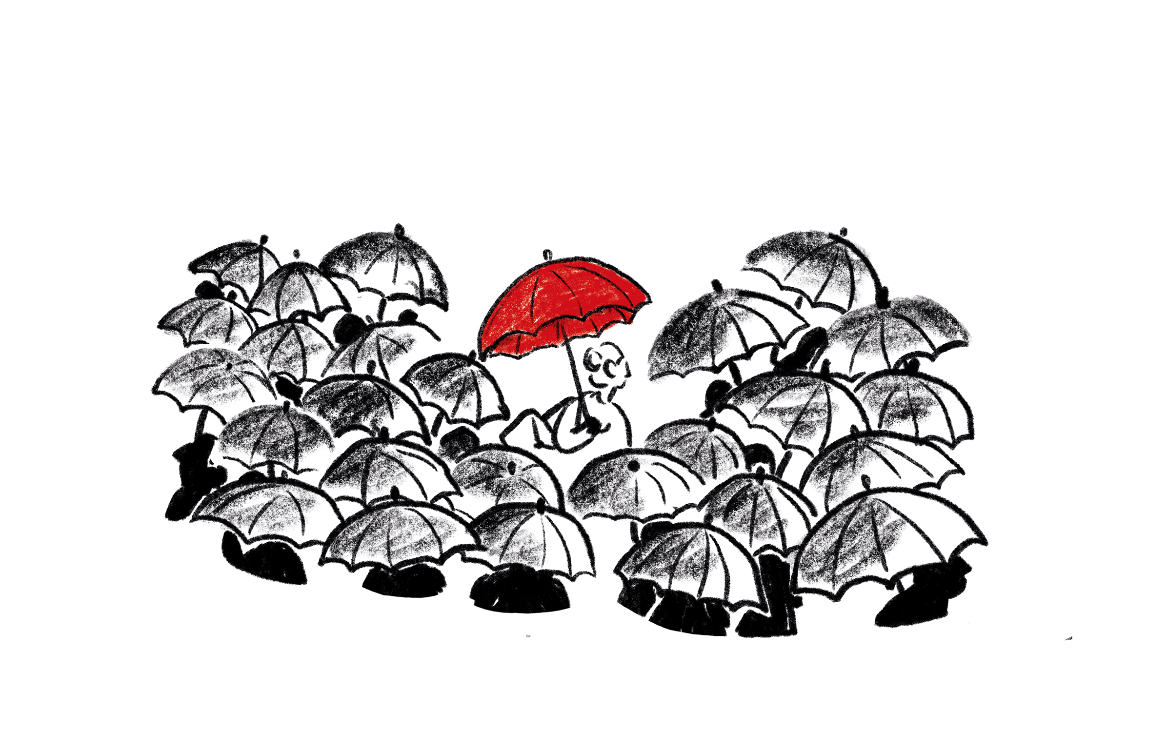 In einer Menge an schwarz-weißen Regenschirmen strahlt ein roter Regenschirm hervor.